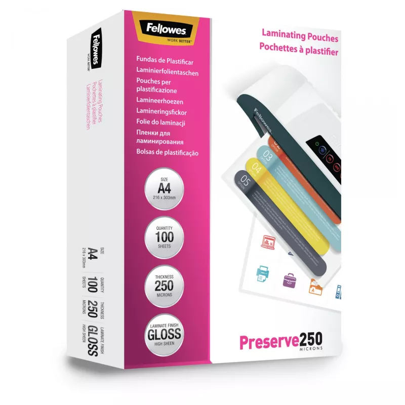 Fellowes A4 Glossy 250 Mikronu Laminēšanas Kabata - 100 iepakojumā