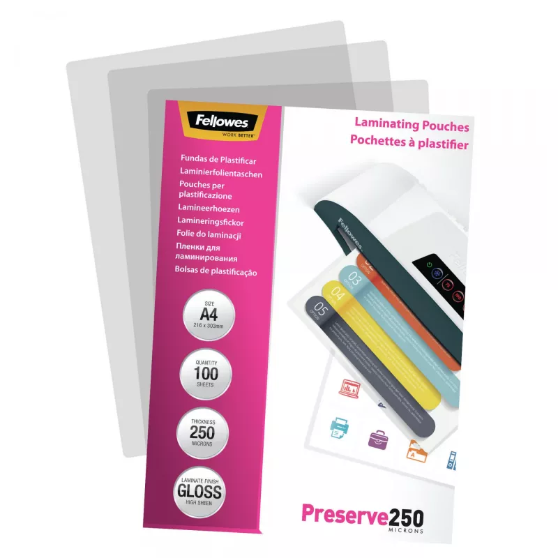 Fellowes A4 Glossy 250 Mikronu Laminēšanas Kabata - 100 iepakojumā