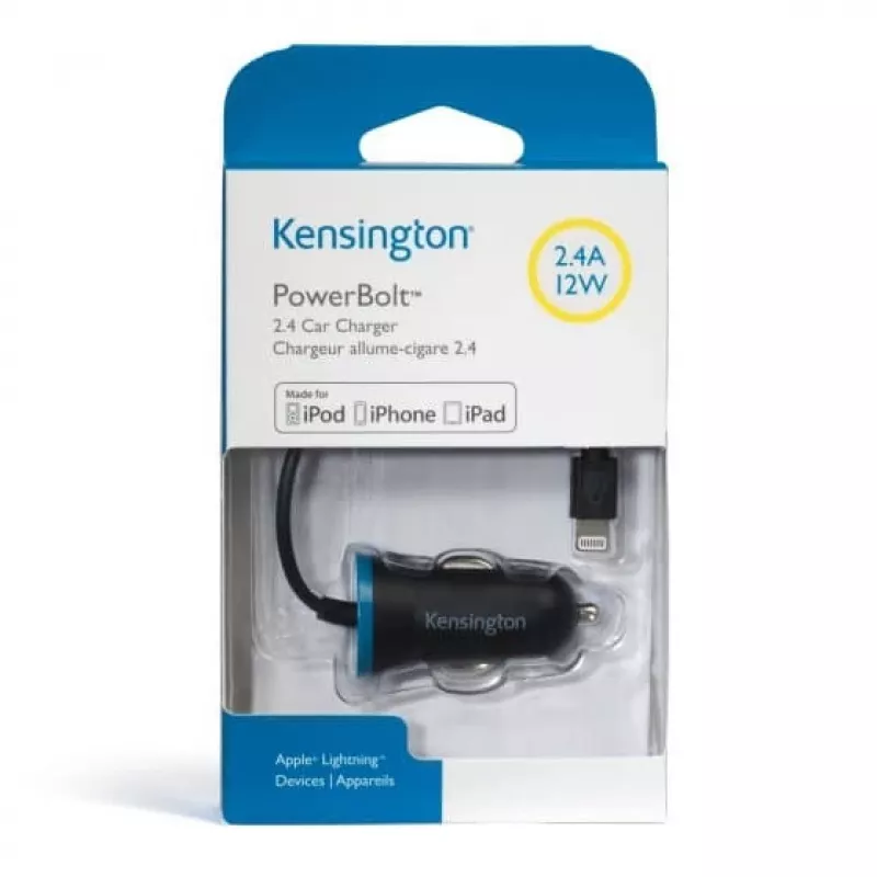 Kensington PowerBolt™ 2.4 Auto Lādētājs — Melns, Ar Lightning Kabeli, 1 m