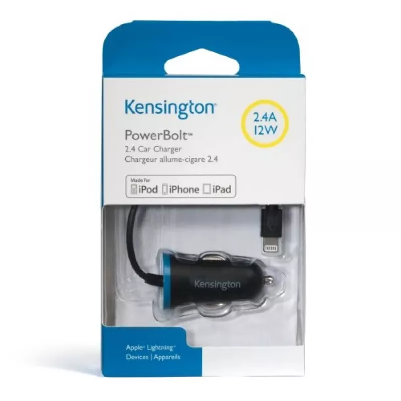 Kensington PowerBolt™ 2.4 Auto Lādētājs — Melns, Ar Lightning Kabeli, 1 m