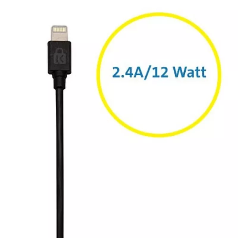 Kensington PowerBolt™ 2.4 Auto Lādētājs — Melns, Ar Lightning Kabeli, 1 m