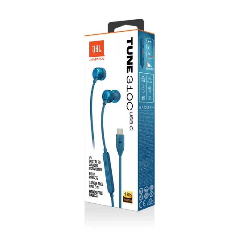 JBL Tune 310C USB austiņas vadu iekšauss zvaniem/mūzikai USB Type-C zilas