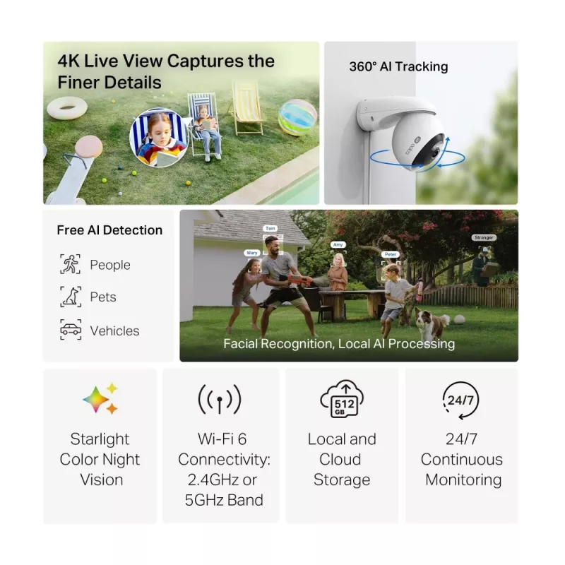 TP-Link Tapo TC46 drošības kamera, IP, 4K, iekštelpām/ārtelpām, Wi-Fi 6, 18x digitālais tālummaiņa