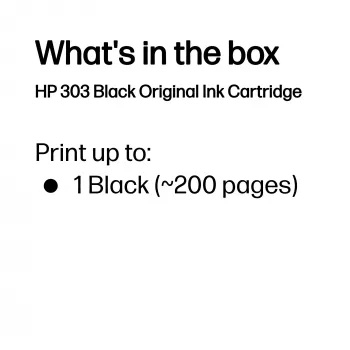 HP 303 Black Original tintes kasetne, standarta ietilpība, melna, pigmenta tinte, 1 gab., 200 lapas, viens iepakojums