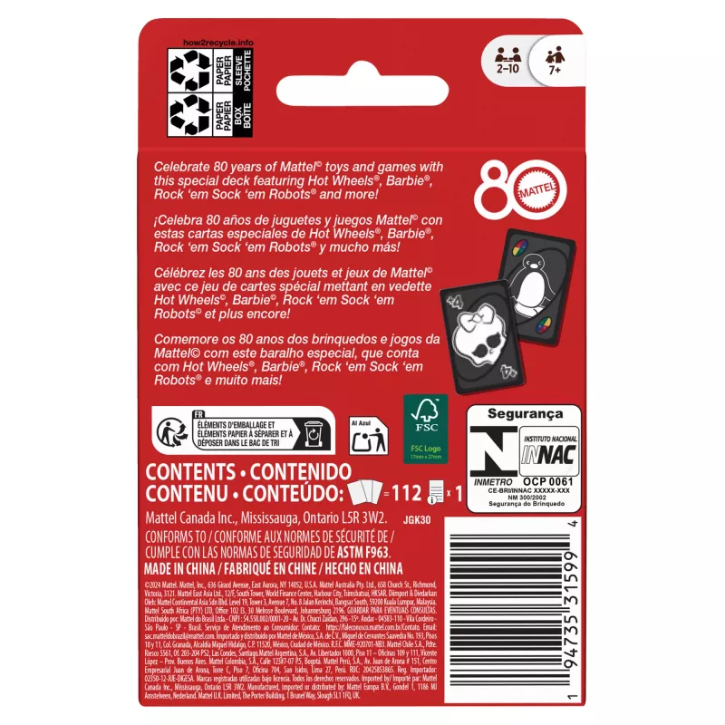 Spēļu kāršu komplekts UNO Mattel 80th Ruby Red