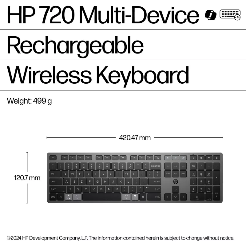 HP 720 Bezvadu vairāku ierīču tastatūra, uzlādējama, pilna izmēra, QWERTY, melna