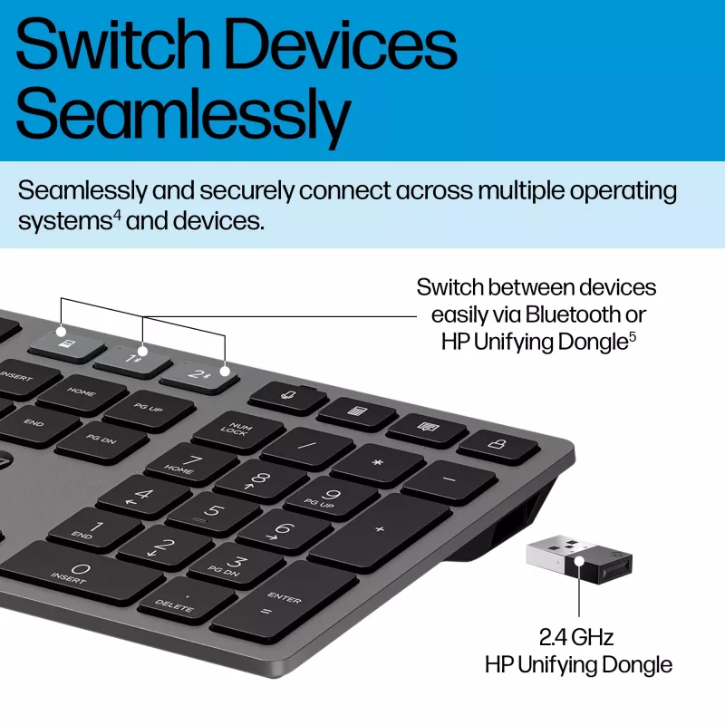 HP 720 Bezvadu vairāku ierīču tastatūra, uzlādējama, pilna izmēra, QWERTY, melna