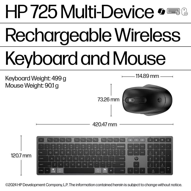 HP 725 Multi-Device Rechargeable Wireless Keyboard and Mouse Combo pilna izmēra bezvadu tastatūra un pele