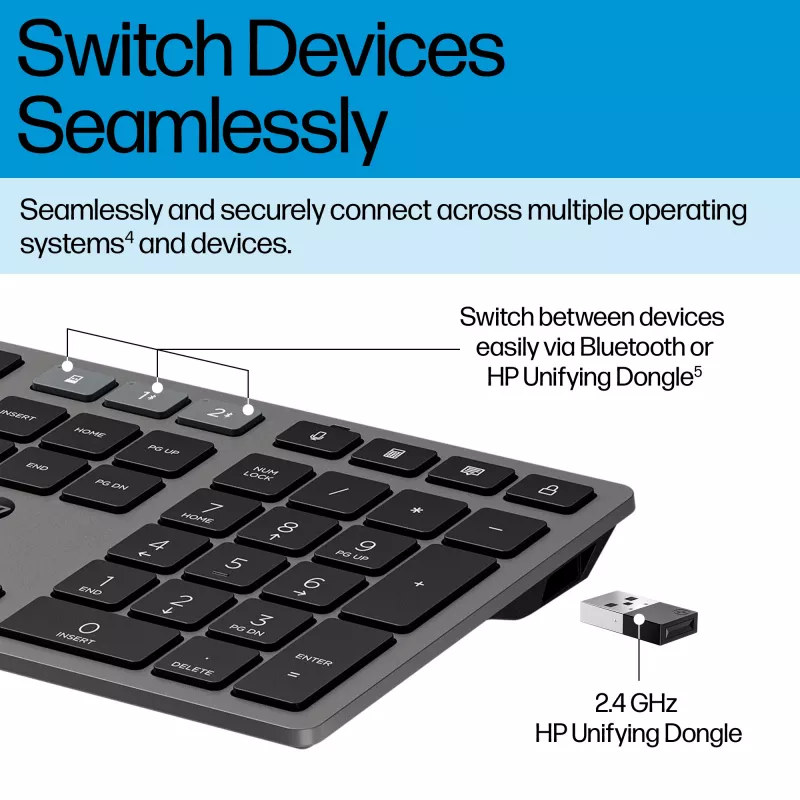 HP 725 Multi-Device Rechargeable Wireless Keyboard and Mouse Combo pilna izmēra bezvadu tastatūra un pele