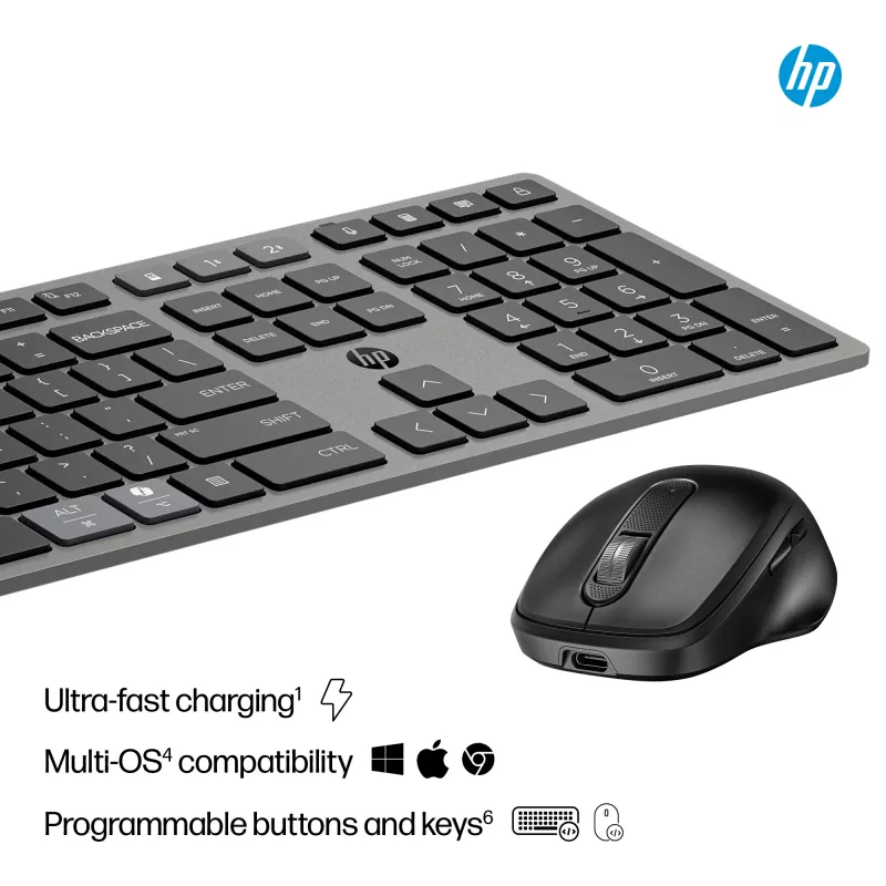 HP 725 Multi-Device Rechargeable Wireless Keyboard and Mouse Combo pilna izmēra bezvadu tastatūra un pele