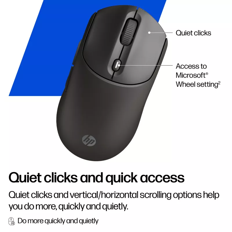 Bezvadu pele HP 405 Quiet — ambidekstrāla, optiskā 1200 DPI, RF bezvadu + Bluetooth, 5 pogas, baterijas, melna