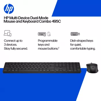 Klaviatūras un peles komplekts HP 495C — pilna izmēra bezvadu komplekts, vairāku ierīču pele, USB/RF/Bluetooth, melns