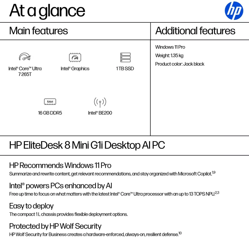 Mini dators HP EliteDesk 8 Mini G1i AI — Intel Core Ultra 7 265T, 16 GB DDR5, 1 TB SSD, Windows 11 Pro, Melns