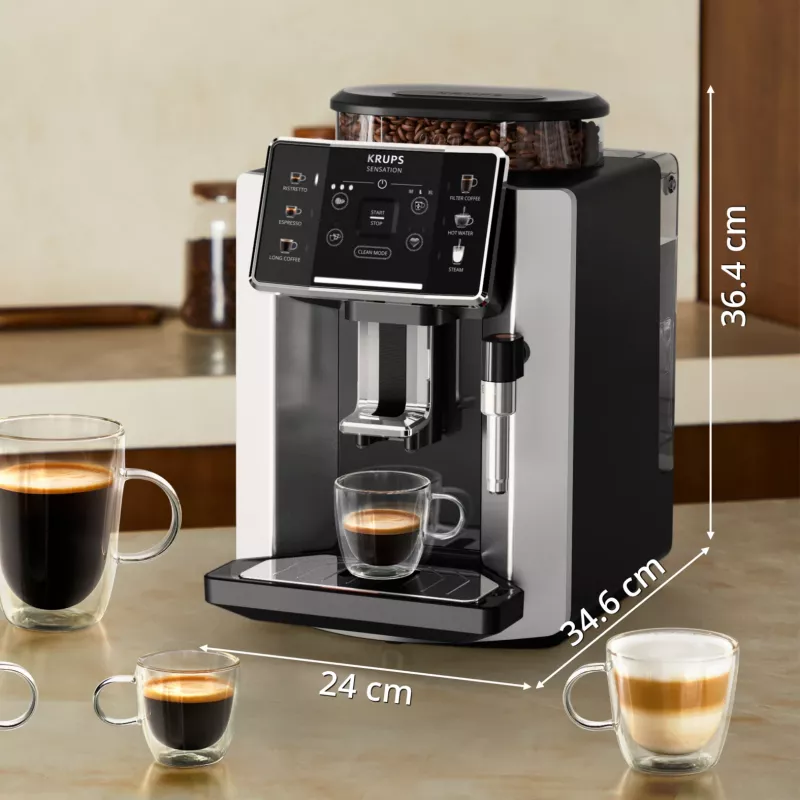 KRUPS Sensation EA910E pilnībā automātiska espresso kafijas automāts, 1.7 L ūdens tvertne, iebūvēta dzirnaviņa, 2 snīpji, 1450 W