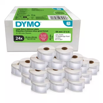 Dymo 2223589 etiķešu ruļļi — baltas papīra etiķetes 5.4 × 2.5 cm, 500 etiķetes/rullī, 12000 etiķetes/iepakojumā, FSC