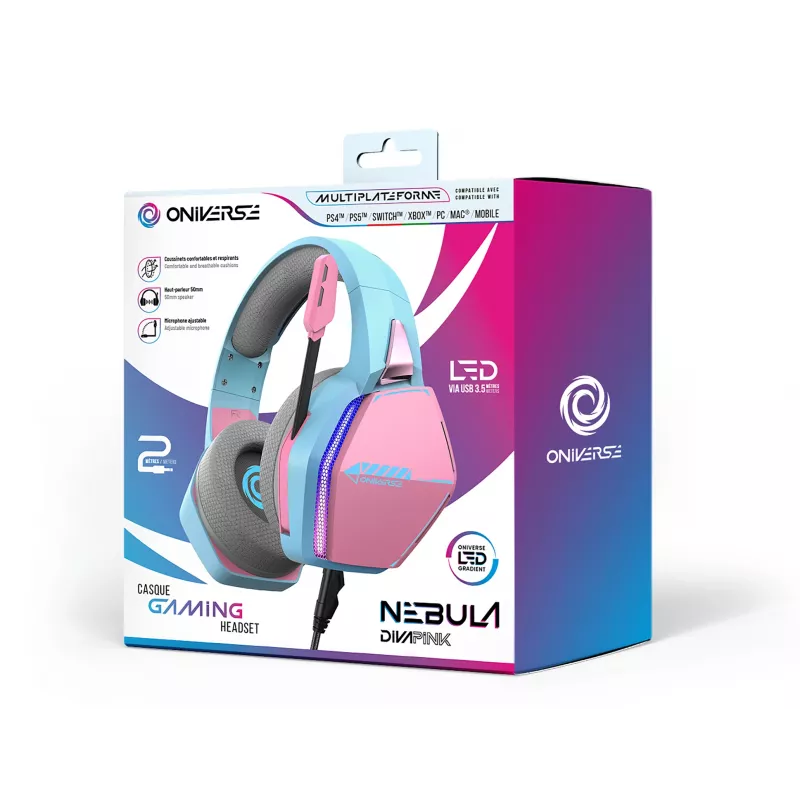 Oniverse Gaming Headset Nebula - Diva Pink (Multiplatform), vadu, spēlēm, 20-20000 Hz, 356 g, austiņas, ciāna, rozā