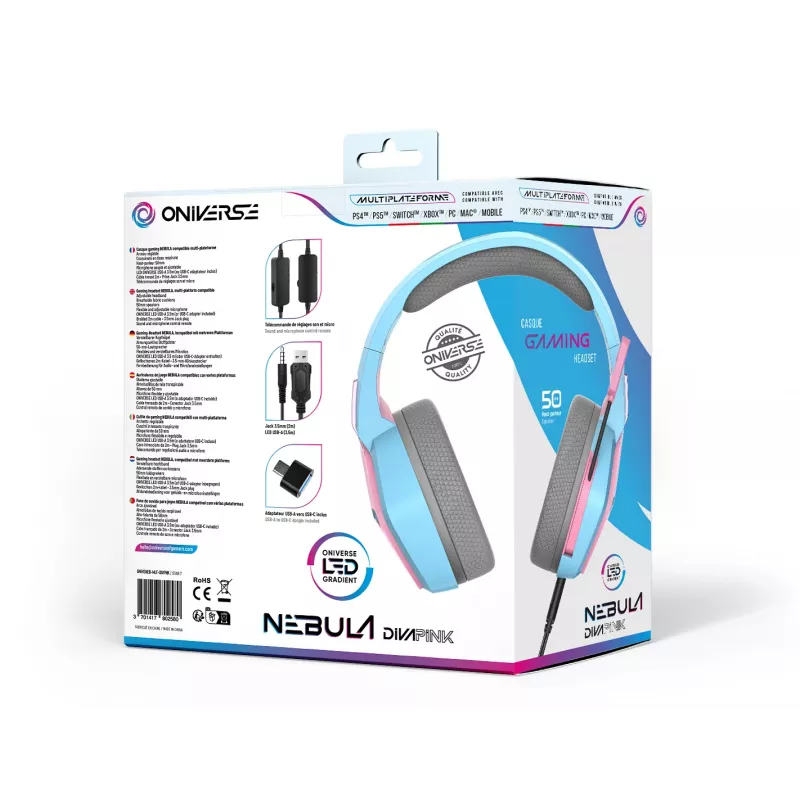 Oniverse Gaming Headset Nebula - Diva Pink (Multiplatform), vadu, spēlēm, 20-20000 Hz, 356 g, austiņas, ciāna, rozā