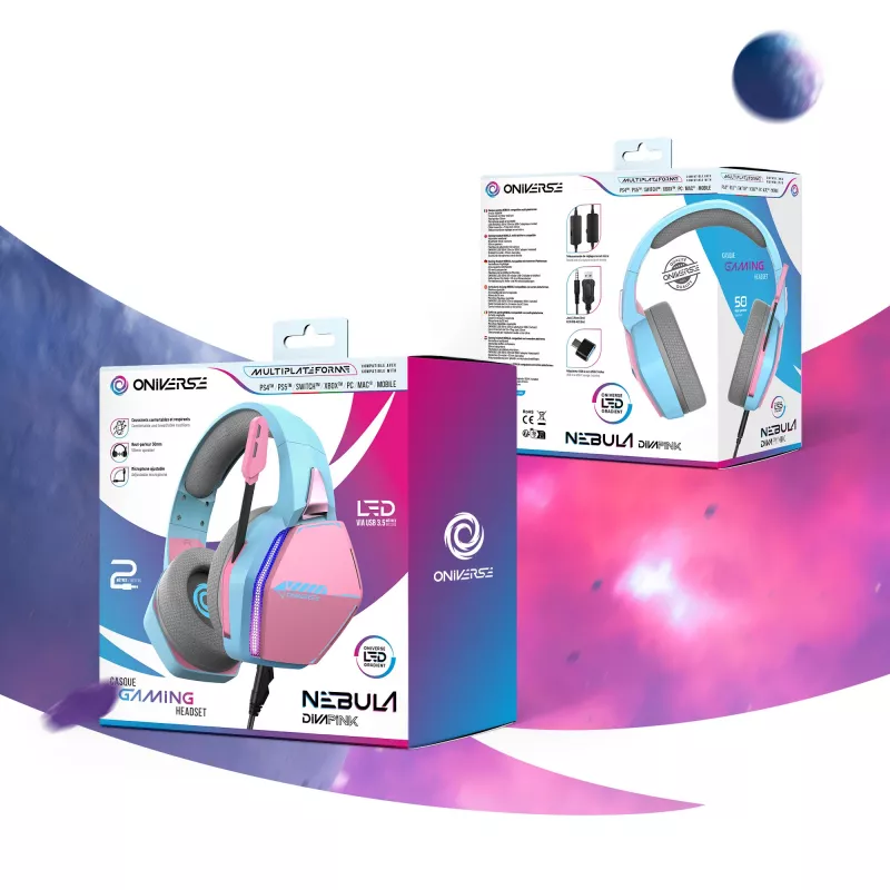 Oniverse Gaming Headset Nebula - Diva Pink (Multiplatform), vadu, spēlēm, 20-20000 Hz, 356 g, austiņas, ciāna, rozā