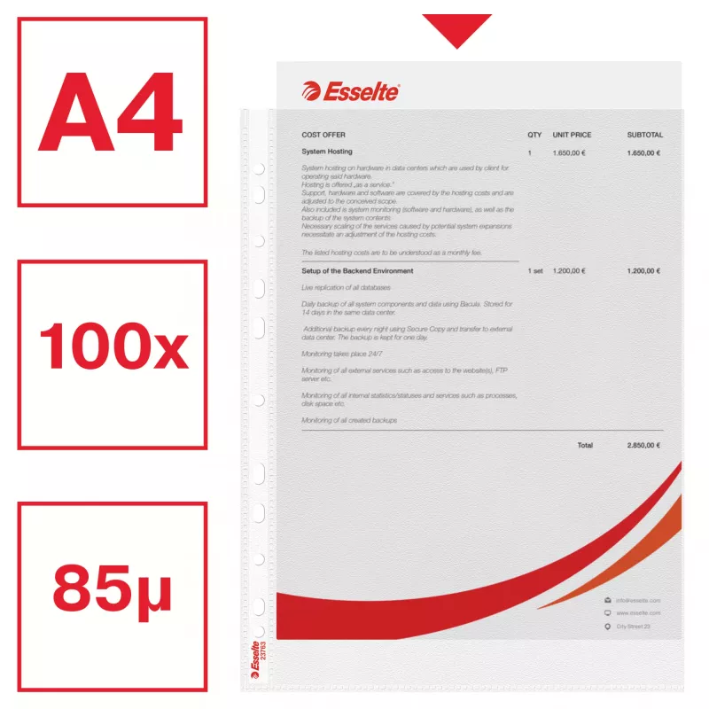 Esselte Plastlomme A4 75my caurspīdīga 100 gab.