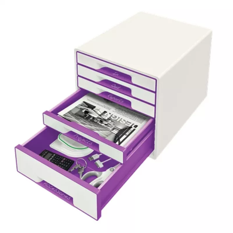 Leitz WOW Cube 5-atvilktņu plastmasas kumode, violeta/balta
