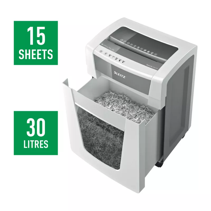 Leitz IQ Office Pro Papīra smalcinātājs P5, mikrošķiedru griešana, 23 cm, 2 x 15 mm, 30 L, 300 loksnes, 55 dB