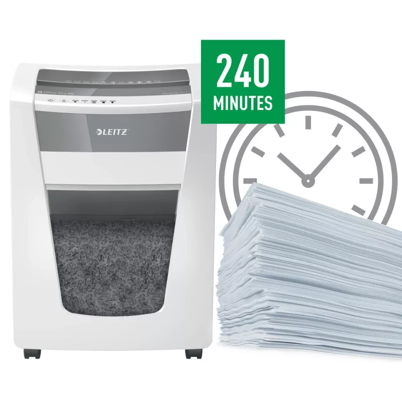 Leitz IQ Office Pro Papīra smalcinātājs P5, mikrošķiedru griešana, 23 cm, 2 x 15 mm, 30 L, 300 loksnes, 55 dB