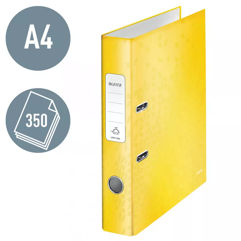 Leitz Lever Arch File 180° WOW POB/Laminēts A4/50mm, A4, D-gredzens, Kartons, Dzeltens, 350 lapas, 285 mm