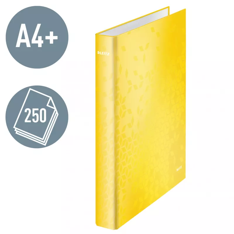 Leitz WOW Laminēts A4+ 2DR/25mm mape ar gredzeniem, D-gredzeni, kartons, dzeltena, 250 lapas, 80 g/m²