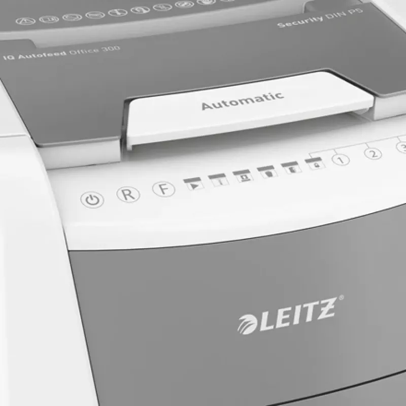 Leitz IQ Autofeed Office 300 automātiskais papīra smalcinātājs P5, mikrošķiedras griešana, 22 cm, 2 x 15 mm, 60 L, 700 loksnes, 55 dB