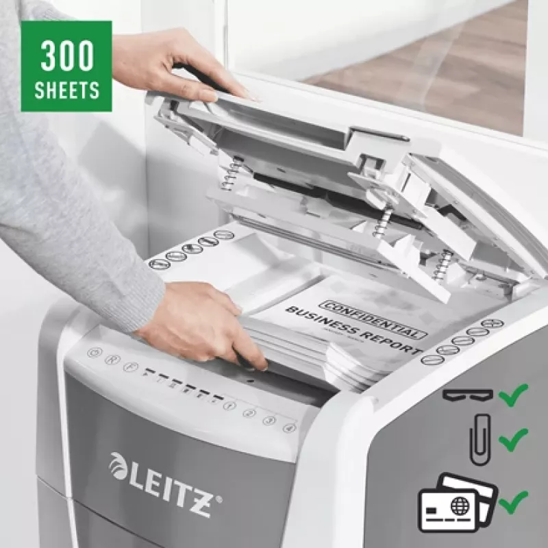 Leitz IQ Autofeed Office 300 automātiskais papīra smalcinātājs P5, mikrošķiedras griešana, 22 cm, 2 x 15 mm, 60 L, 700 loksnes, 55 dB