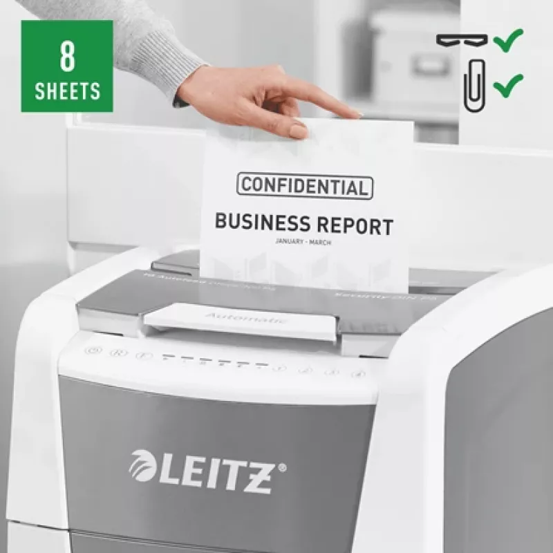 Leitz IQ Autofeed Office 300 automātiskais papīra smalcinātājs P5, mikrošķiedras griešana, 22 cm, 2 x 15 mm, 60 L, 700 loksnes, 55 dB