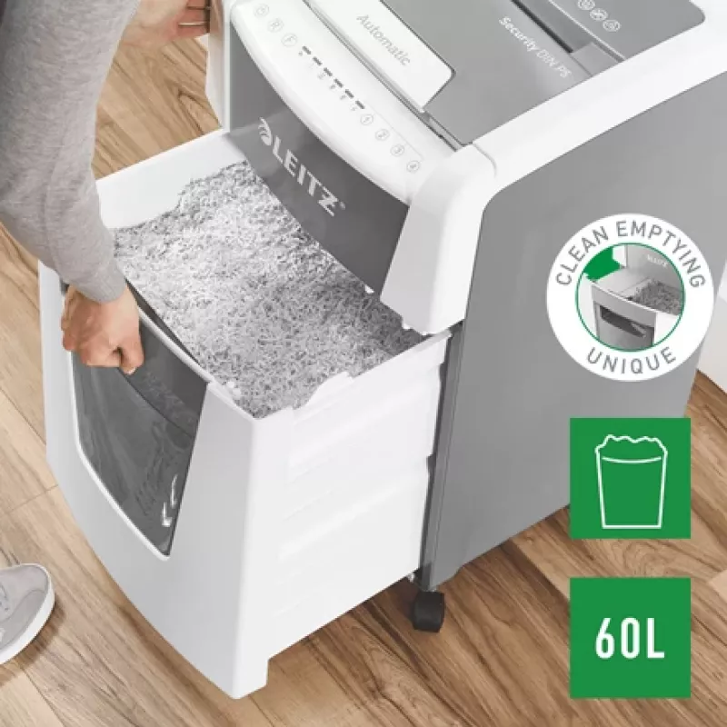 Leitz IQ Autofeed Office 300 automātiskais papīra smalcinātājs P5, mikrošķiedras griešana, 22 cm, 2 x 15 mm, 60 L, 700 loksnes, 55 dB