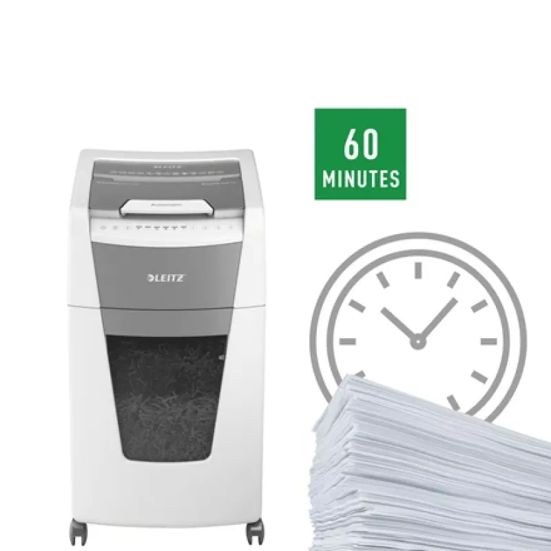 Leitz IQ Autofeed Office 300 automātiskais papīra smalcinātājs P5, mikrošķiedras griešana, 22 cm, 2 x 15 mm, 60 L, 700 loksnes, 55 dB