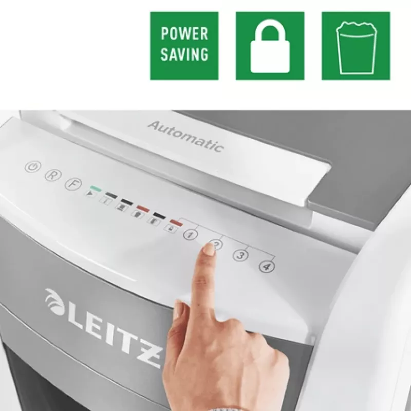 Leitz IQ Autofeed Office 300 automātiskais papīra smalcinātājs P5, mikrošķiedras griešana, 22 cm, 2 x 15 mm, 60 L, 700 loksnes, 55 dB