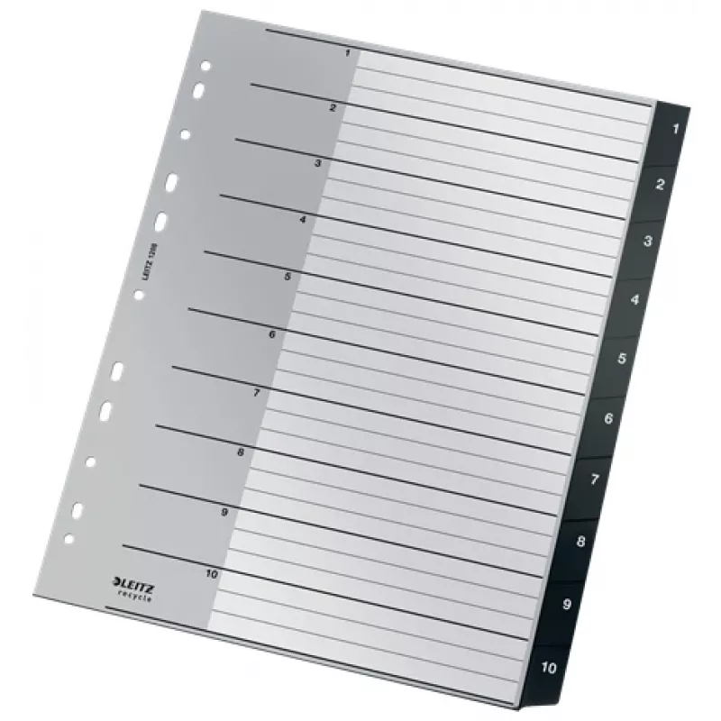 Leitz Recycle indekss, PP, īpaši plats, ciparu atdalītājs, A4 Maxi, 160 g/m², melns/balts