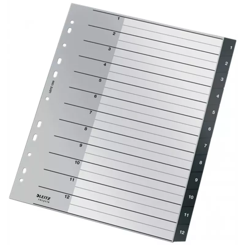 Leitz Recycle Index, PP, īpaši plata, ciparu dalītājs, polipropilēns, melns/balts, portrets, A4 Maxi, 160 g/m²