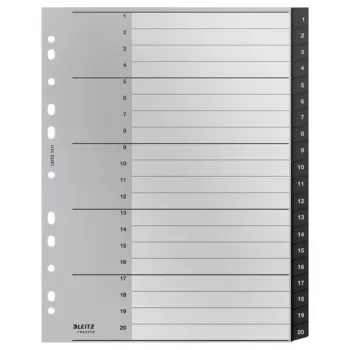 Leitz Recycle Index, PP, īpaši plats, ciparu dalītājs, polipropilēns, melns, balts, A4 Maxi, 160 g/m², 238 mm