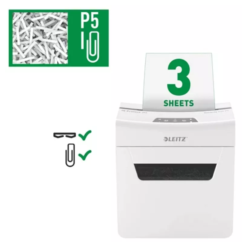 Leitz IQ Protect Premium Papīra smalcinātājs 3M P5, mikro-griezums, 2 x 15 mm, 10 L, 125 loksnes, 55 dB, pieskāriens