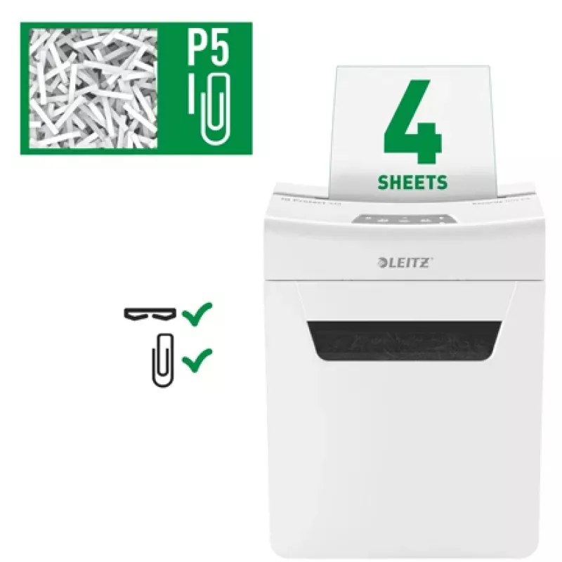 Papīra smalcinātājs Leitz IQ Protect Premium 4M P5, mikrošķiedru griešana, 2x15 mm, 14 L, 150 loksnes, 55 dB, skārienjutīgs