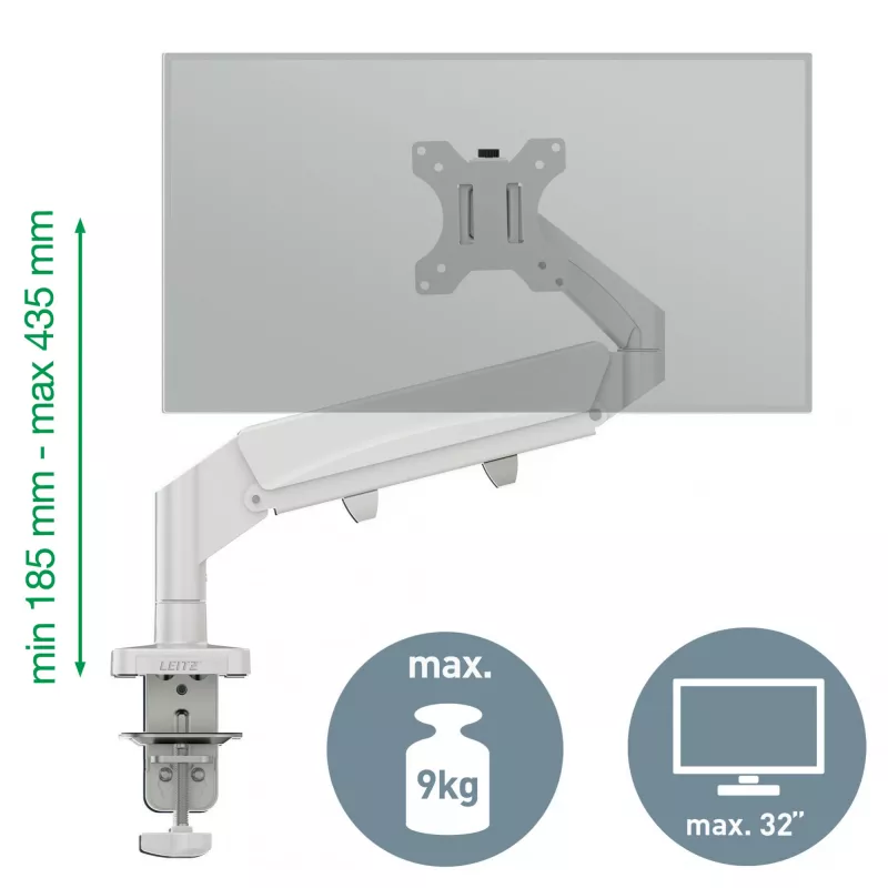 Leitz Ergo Space Saving viena monitora roka, skava/caurums, 9 kg, 43.2 cm (17 collas), 81.3 cm (32 collas), 100 x 100 mm, Pelēka