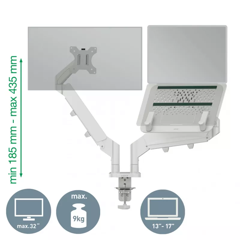 Leitz Ergo Space Saving divu monitoru un klēpjdatora roka, skava/caurums, 9 kg, 33 cm (13 inch), 81,3 cm (32 inch), 100 x 100 mm, Pelēka