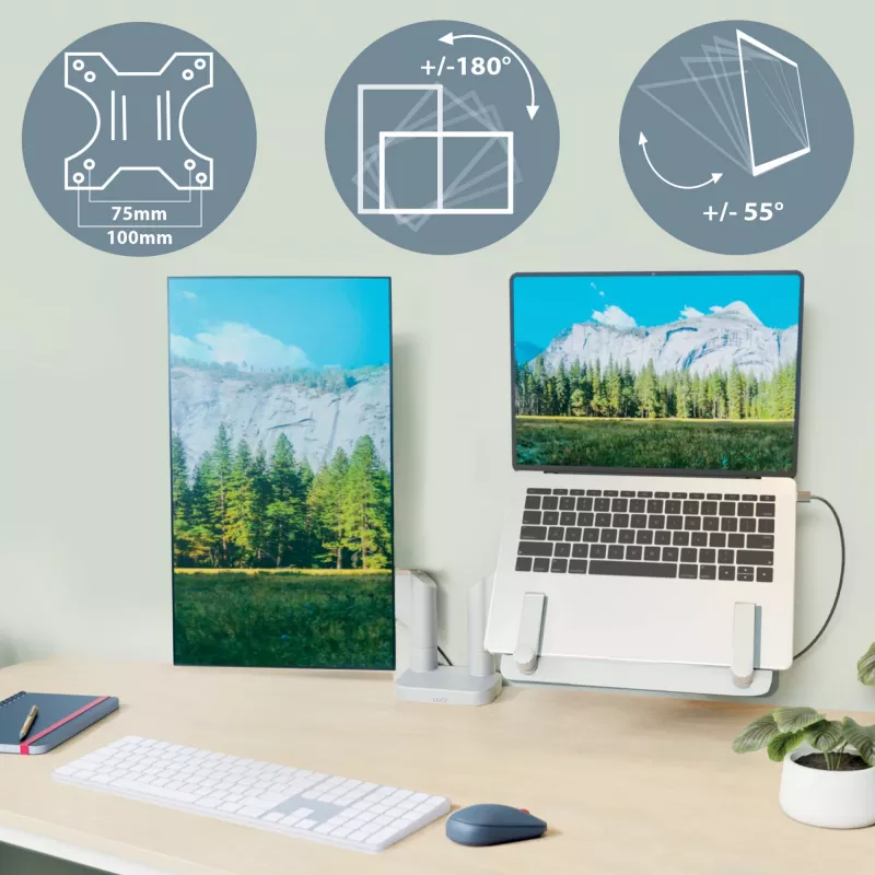 Leitz Ergo Space Saving divu monitoru un klēpjdatora roka, skava/caurums, 9 kg, 33 cm (13 inch), 81,3 cm (32 inch), 100 x 100 mm, Pelēka