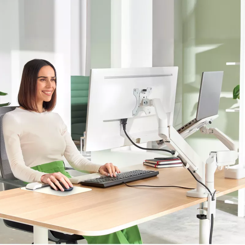 Leitz Ergo Space Saving divu monitoru un klēpjdatora roka, skava/caurums, 9 kg, 33 cm (13 inch), 81,3 cm (32 inch), 100 x 100 mm, Pelēka