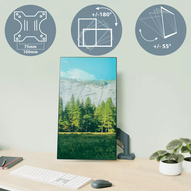 Leitz Ergo Space Saving divu monitoru un klēpjdatora roka, skava/caurums, 18 kg, 43,2 cm (17 inch), 81,3 cm (32 inch), 100 x 100 mm, tumši pelēka