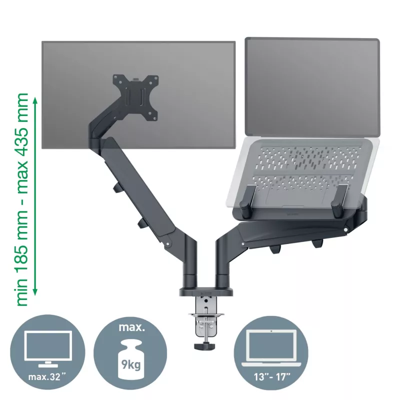 Leitz Ergo Space Saving divu monitoru un klēpjdatora roka, skava/caurums, 18 kg, 43,2 cm (17 inch), 81,3 cm (32 inch), 100 x 100 mm, tumši pelēka