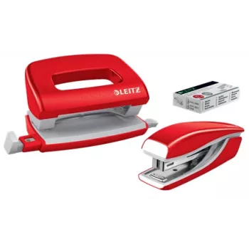 Leitz skavotājs un caurumotājs komplektā Mini WOW, sarkans, 10 lapas, P2, metāls, 80 g/m², 3,5 cm