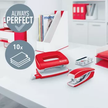 Leitz skavotājs un caurumotājs komplektā Mini WOW, sarkans, 10 lapas, P2, metāls, 80 g/m², 3,5 cm