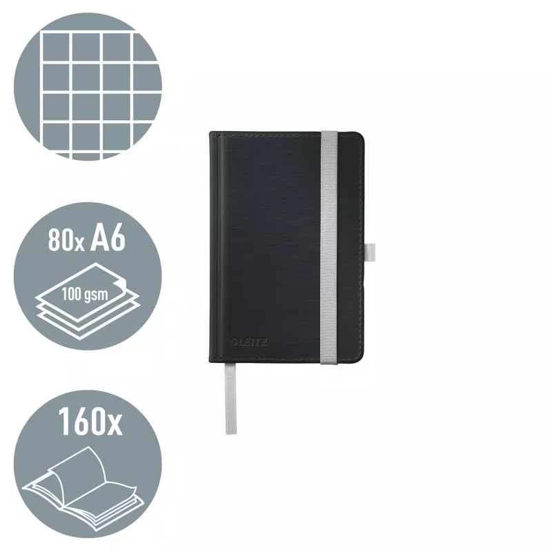 Leitz Style piezīmju grāmatiņa A6 līnijās ar cieto vāku, Monohromatiska, Melna, A6, 80 lapas, 100 g/m², Rūtiņas