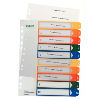 LEITZ Plastmasas indekss, Cipari, A4 Īpaši Plats, 1-10, Rakstāms ar Datoru, Caurspīdīgs ar Krāsainiem Cilpiem, PP, 10-Daļu (1293-00-00)