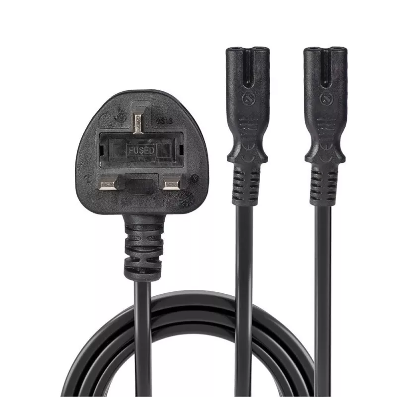 Lindy 2.5m Lielbritānijas 3 kontaktu spraudnis uz 2 x IEC C7 sadalītāja pagarinātājkabelis, Melns